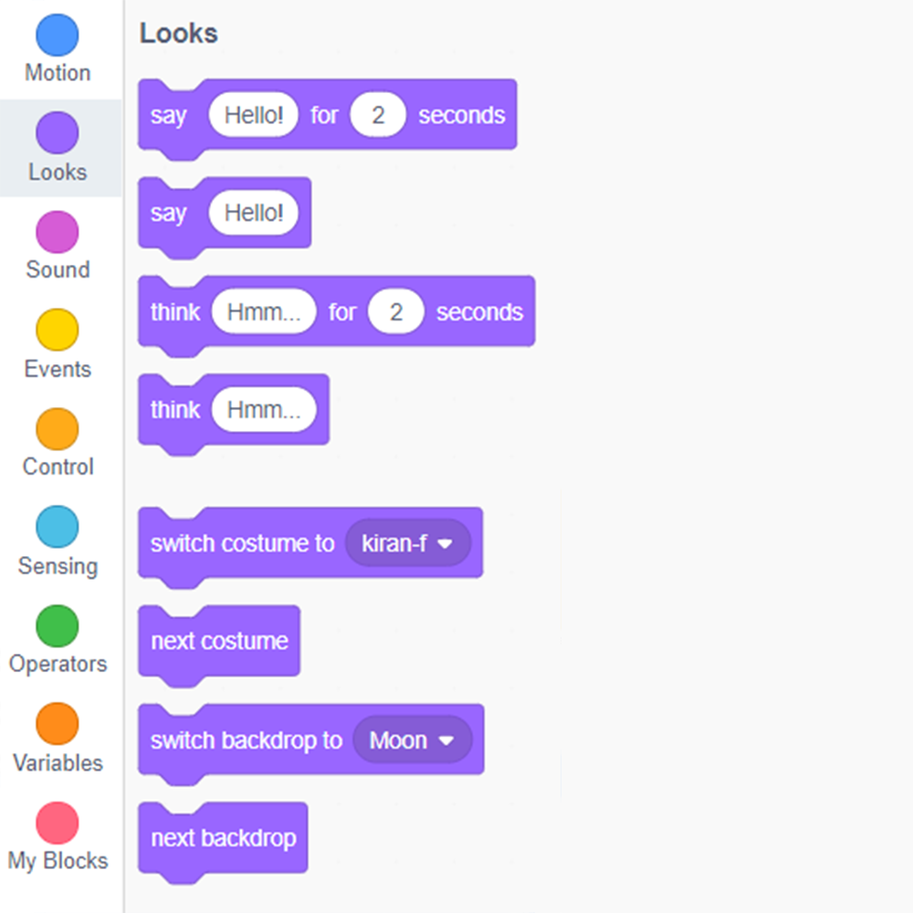 A Scratch script highlighting the different block colours and shapes